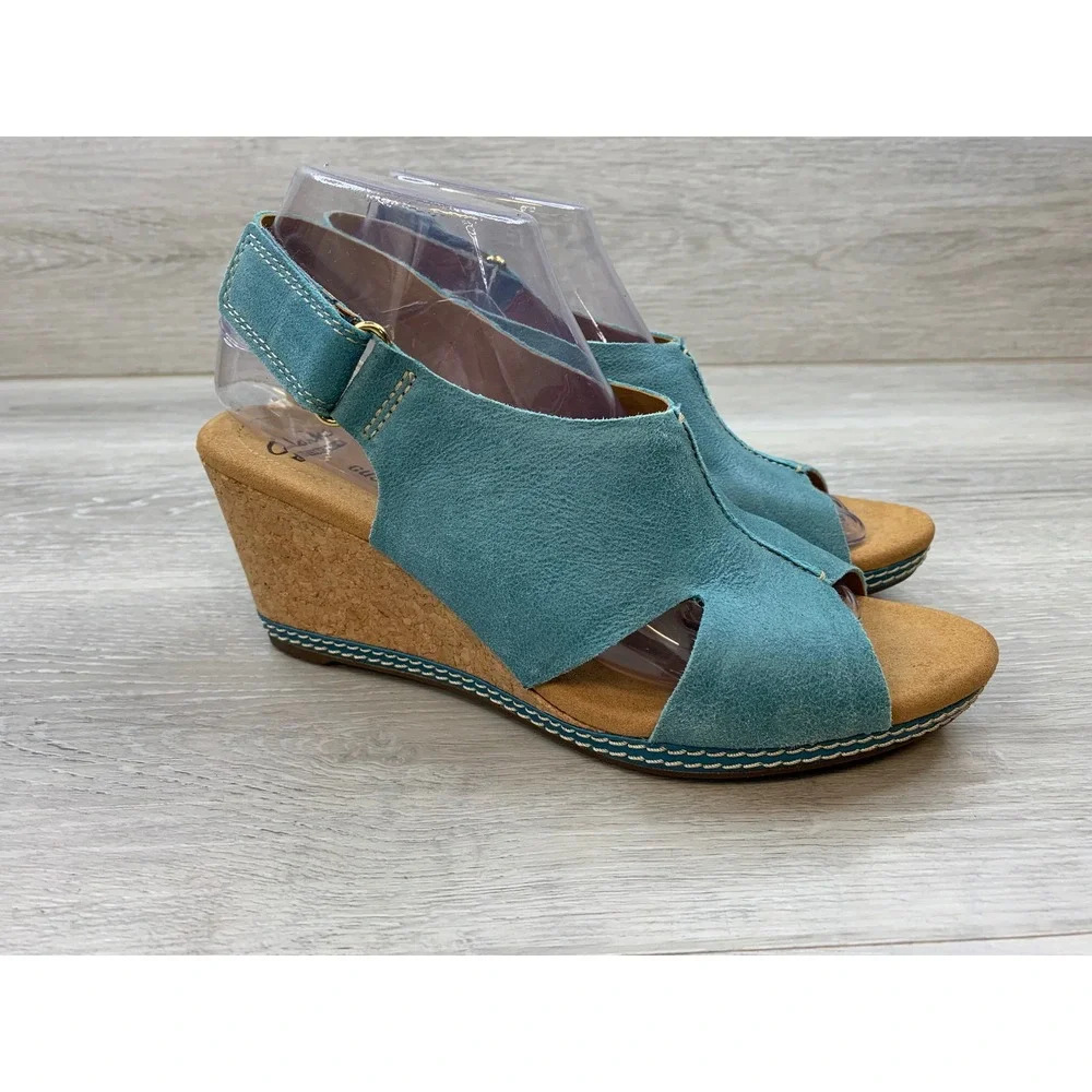 Clarks Women's Teal Blue Suede Cork Wedge Sandals 9 Casual Comfort Shoes